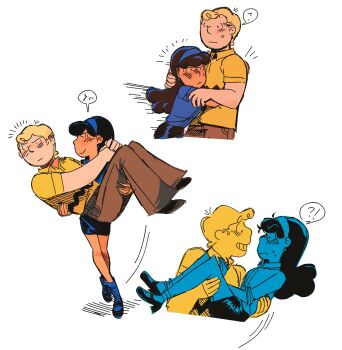 Rule 34 | !?, 1boy, 1girl, ?, aged up, black hair, blonde hair, blue hairband, blush, carrying, carrying person, charlie brown, commentary, dubu274611, english commentary, hairband, hetero, highres, hug, lucy van pelt, peanuts (comic), princess carry, reverse princess carry, role reversal, shirt, short hair, yellow shirt
