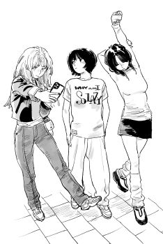 3girls dray_(meerkat_dray) greyscale highres long_hair monochrome multiple_girls original pants shirt shoes short_hair shorts sidewalk skirt stone_walkway t-shirt walking