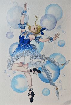 1girl absurdres akirashu anime_coloring arm_up back_bow bare_shoulders beads beret black_bow black_shoes blonde_hair blue_bow blue_bowtie blue_choker blue_dress bow bow_choker bowtie brooch bubble bubble_print bubbly_voyage_(infinity_nikki) buttons chinese_commentary choker closed_eyes closed_mouth collared_dress commentary commentary_request dress expressionless eyelashes floating floating_hair footwear_bow frilled_choker frilled_dress frilled_socks frills full_body hat hat_bow head_tilt high_heels highres infinity_nikki jewelry light_blush mary_janes nikki_(series) outstretched_arms pleated_dress pointy_nose print_dress pumps see-through_clothes see-through_socks shoes short_dress short_hair_with_long_locks sidelocks socks solo star_(symbol) star_choker star_print strapless strapless_dress striped_bow striped_clothes striped_dress striped_socks traditional_media vertical-striped_clothes vertical-striped_dress vertical-striped_socks wavy_hair white_hat white_socks