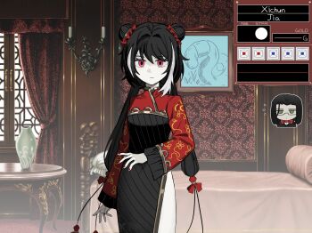 1boy 1girl asdf1211950 bed bedroom black_hair character_name chibi chibi_inset cosplay cube_(princess_maker) cube_(princess_maker)_(cosplay) curtains double_bun drawing_(object) fake_screenshot frown glasses green_eyes hair_bun hand_up highres jia_xichun_(project_moon) limbus_company long_hair looking_at_viewer multicolored_hair parody pink_eyes princess_maker_(series) princess_maker_2 project_moon red_nails side_slit solo_focus streaked_hair twintails user_interface wei_(project_moon) worm