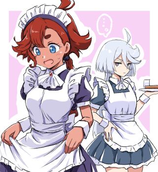 ... 2girls ahoge alternate_costume apron apron_hold ascot black_dress black_eyes blue_eyes closed_mouth commentary cup dark-skinned_female dark_skin dress drinking_glass enmaided frilled_apron frills grey_dress grey_hair gundam gundam_suisei_no_majo hair_between_eyes hand_up highres holding holding_tray jitome long_hair looking_at_self looking_down maid maid_apron maid_headdress miorine_rembran multiple_girls ponytail red_hair short_sleeves small_sweatdrop speech_bubble spoken_ellipsis standing suletta_mercury thick_eyebrows tray uraki waitress white_apron white_ascot wrist_cuffs