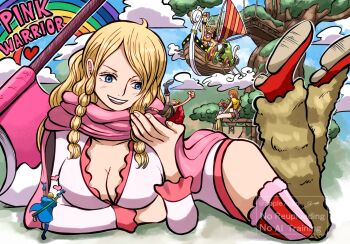 2025 2girls 5boys alternate_costume apple7apo axe bare_shoulders black_hair blonde_hair blue_cape blue_eyes blue_sky blush boat braid braided_sidelocks breasts brown_shorts cape capelet cleavage cloud cloudy_sky elbaf fake_horns feet_up fur-trimmed_legwear fur_leg_warmers fur_trim gerd_(one_piece) giant giantess green_cape heart heart_(symbol) helmet highres horned_helmet horns large_breasts leg_warmers light_blush long_hair lying mixed-language_commentary monkey_d._luffy monkey_d._luffy_(elbaf) multiple_boys multiple_girls nami_(one_piece) nami_(one_piece)_(elbaf) official_alternate_costume on_stomach one_piece open_mouth orange_hair outdoors pink_cape pink_scarf pirate_ship rainbow red_cape red_capelet red_shoes roronoa_zoro roronoa_zoro_(elbaf) sanji_(one_piece) sanji_(one_piece)_(elbaf) scarf shoes short_hair shorts sidelocks sitting size_difference sky smile straw_hat_pirates sword sword_on_back thighhighs tony_tony_chopper tony_tony_chopper_(elbaf) tree usopp usopp_(elbaf) viking watercraft weapon weapon_on_back yellow_cape yellow_capelet