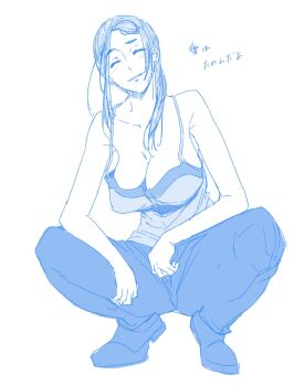 1girl bare_shoulders bibi_(coffe) blue_theme blush breasts cleavage closed_eyes collarbone full_body grin highres irei_mizuka large_breasts long_hair looking_at_viewer mature_female monochrome parted_lips robotics;notes science_adventure shoes simple_background smile solo squatting tank_top white_background