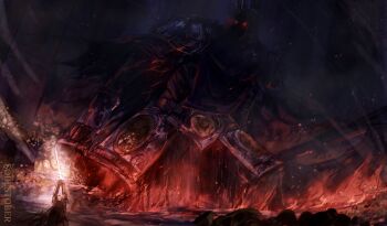 Rule 34 | 2boys, absurdres, armor, arms up, ashen one (dark souls), blonde hair, commentary, crown, dark souls (series), dark souls iii, english commentary, fire, gauntlets, giant, giant male, highres, holding, holding sword, holding weapon, looking at another, multiple boys, pauldrons, red eyes, shoulder armor, sword, temmaru1, weapon, yhorm the giant