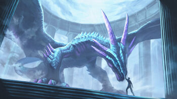 1boy absurdres backward-facing_horns blue_scales breath_weapon claws creature dragon dragon_claw dragon_wings fantasy full_body giant giant_monster highres horns monster monster_focus original outdoors robuja scales scenery sharp_teeth sky spread_wings tail teeth western_dragon wings