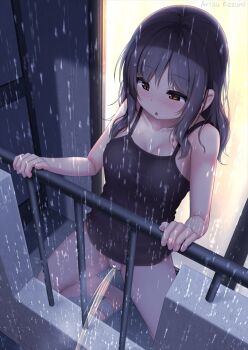 1girl :o arisu_kazumi balcony black_camisole black_hair blush bottomless braid brown_eyes camisole peeing censored female_focus female_pervert happy heart heart_censor long_hair looking_down messy_hair night nose_blush open_mouth original outdoors peeing pervert public_indecency pussy railing rain sidelocks solo standing twin_braids wavy_hair