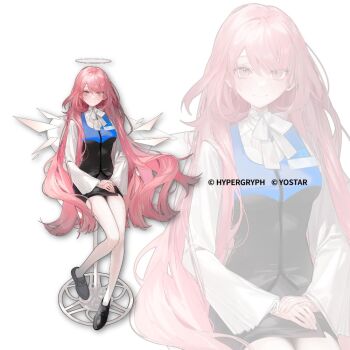 1girl arknights black_skirt closed_mouth detached_wings energy_wings full_body halo lemuen_(arknights) long_hair looking_at_viewer nishikikope official_art pantyhose pink_hair shirt shoes simple_background sitting skirt smile solo very_long_hair white_background white_pantyhose wings zoom_layer