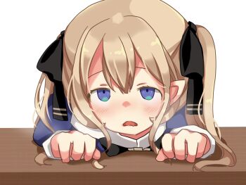 1girl aftersex ariel_(oukoku_no_shugo_tenshi) black_bow blue_dress blue_eyes blush bow breath brown_hair desk dress game_cg hair_between_eyes heavy_breathing hikaru_(sgst) juliet_sleeves large_variant_set long_hair long_sleeves lying non-web_source on_desk on_stomach open_mouth oukoku_no_shugo_tenshi pointy_ears portrait puffy_sleeves rolling_eyes sidelocks simple_background sitting solo tareme transparent_background twintails variant_set wavy_mouth