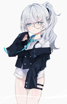 1girl absurdres black_jacket blue_eyes blush bottomless collar collared_shirt covering_crotch covering_privates highres jacket leash long_hair long_sleeves looking_at_viewer monocle original ponytail pussy_juice retri shirt simple_background skindentation sleeves_past_wrists solo symbol-shaped_pupils thigh_strap white_background white_hair white_shirt