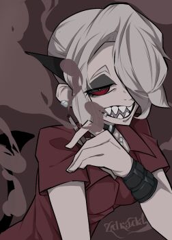 1girl black_boots black_choker boots breasts choker collared_shirt cross demon_girl demon_horns helltaker highres horns large_breasts red_eyes red_shirt sharp_teeth shirt smoking solo tebasaki_606 teeth zdrada_(helltaker)