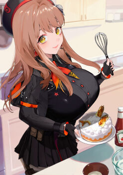 1girl absurdres belt_pouch black_gloves black_hat black_jacket black_skirt bow bra_over_clothes breasts brown_hair buttons cake commentary_request dated_commentary earrings emma_(nikke) fingerless_gloves fish food from_above gloves goddess_of_victory:_nikke hat hat_bow highres holding holding_cake holding_food holding_whisk huge_breasts jacket jewelry ketchup_bottle kitchen long_hair looking_at_viewer neckerchief pleated_skirt pouch red_neckerchief red_ribbon red_trim ribbon rou_bao_mao-gravity5 skirt smile solo star_(symbol) star_earrings thigh_pouch whisk yellow_eyes