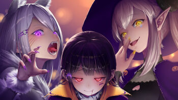 3girls animal_ears bat_(animal) bat_hair_ornament black_hair blood blood_from_mouth blurry blurry_background braid cleavage_cutout clothing_cutout elu_(nijisanji) evil_smile fangs fingernails glowing glowing_eyes hair_ornament hairclip half-closed_eyes half_up_braid halloween halloween_costume hat heart highres higuchi_kaede jack-o'-lantern kath long_hair looking_at_viewer mole mole_under_eye multiple_girls nail_polish nijisanji pointy_ears ponytail purple_eyes red_eyes sharp_fingernails sharp_teeth silver_hair smile tagme teeth tongue tongue_out tsukino_mito vampire virtual_youtuber werewolf witch witch_hat wolf_ears yellow_eyes