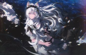 1girl animal_ear_fluff animal_ears bow breasts character_request copyright_request dancing dress flower hair_bow hashtag-only_commentary highres holding looking_at_viewer looking_up multicolored_eyes original sitting small_breasts wangwanghan0723 water watermark white_dress white_hair