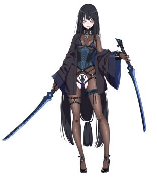 1girl anessa_(lost_sword) black_hair black_jacket black_shoes blue_corset blue_sword bodice bra_over_clothes breasts buckle collar corset dot_nose dual_wielding eyebrows_hidden_by_hair eyelashes full_body game_cg high_heels highres holding holding_sword holding_weapon jacket katana lingerie lipstick lock long_hair long_sidelocks loose_clothes lost_sword:_tales_of_britania low_ponytail makeup mascara mole mole_under_eye official_art open_clothes open_jacket pantyhose ponytail pussy_cutout red_lips revealing_clothes shoes sidelocks small_breasts smeared_lipstick standing sword thigh_strap third-party_source transparent_background underwear very_long_hair weapon wide_sleeves yellow_eyes