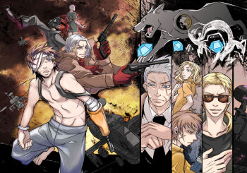 1girl 6+boys ah-64_apache aircraft amputee attack_helicopter bad_id bad_pixiv_id bandage_over_one_eye barefoot big_boss blue_eyes character_request chico_(boku_no_pico) chico_(metal_gear) diamond_(gemstone) dog dual_wielding earphones facial_hair gas_mask gloves gunship helicopter helicopter_gunship holding hook_hand hospital_gown ishmael kazuhira_miller konami major_zero mask metal_gear_(series) metal_gear_solid metal_gear_solid_v:_ground_zeroes metal_gear_solid_v:_the_phantom_pain military_vehicle multiple_boys naked_snake nikia_(hsincubic) paz_ortega_andrade ponytail prison_clothes psycho_mantis revolver_ocelot scar short_ponytail spoilers stubble sunglasses topless_male tretji_rebenok venom_snake walkman white_hair