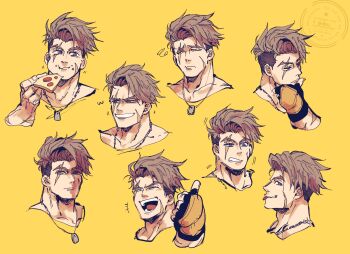 Rule 34 | +++, 1boy, :/, :p, ^ ^, blue eyes, brown hair, chewing, clenched teeth, closed eyes, closed mouth, collarbone, commentary, commentary request, dog tags, eating, facial scar, fingerless gloves, food, food on face, forked eyebrows, frown, gloves, grin, hand on own chin, highres, holding, holding food, holding pizza, looking to the side, luke sullivan, male focus, mma gloves, multiple expressions, multiple views, open mouth, pizza, pizza slice, profile, scar, scar across eye, scar on cheek, scar on face, short hair, simple background, smile, squiggle, street fighter, street fighter 6, syazai, teeth, thumbs up, tongue, tongue out, uneven eyes, watermark, yellow background