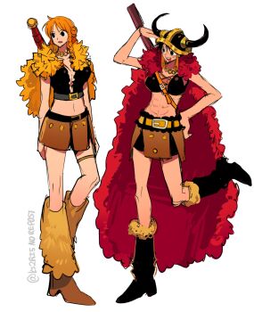 2026 2girls abs belt belt_buckle bikini bikini_top_only black_bikini black_boots black_hair boots breasts brown_loincloth buckle cape capelet cleavage commentary crop_top facial_scar fake_horns full_body fur-trimmed_boots fur_cape fur_capelet fur_trim genderswap genderswap_(mtf) gold_choker helmet highres horned_helmet horns ki2ri5 large_breasts leg_warmers long_hair looking_at_another looking_to_the_side luffyko midriff monkey_d._luffy monkey_d._luffy_(elbaf) multiple_girls nami_(one_piece) nami_(one_piece)_(elbaf) official_alternate_costume one_piece open_mouth orange_hair red_cape scar scar_on_cheek scar_on_face short_hair standing standing_on_one_leg swimsuit sword sword_on_back thigh_strap twitter_username untranslatable_commentary wavy_hair weapon weapon_on_back white_background yellow_capelet