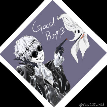 2boys black_crown crown diamond_hairband formal_clothes gloves highres jacket long_sleeves looking_at_viewer male_focus missing_tooth multiple_boys pinstripe_jacket pinstripe_pattern pinstripe_suit pinstripe_vest rai_cos_rai round_eyewear short_hair skeleton_print skully_j._graves smile striped_clothes striped_jacket striped_vest suit sunglasses the_nightmare_before_christmas twisted_wonderland vertical-striped_clothes vertical-striped_vest vest white_hair zero_(nbc)