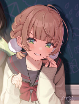 2girls artist_self-insert black_serafuku blunt_bangs blurry blush bow braid brown_sweater_vest buttons chalkboard collarbone depth_of_field fingernails green_eyes grin hair_strand hands_up highres hololive light_rays long_sleeves multiple_girls oozora_subaru orange_hair original out_of_frame red_bow red_ribbon ribbon school_uniform serafuku shadow shigure_ui shigure_ui_(vtuber) short_hair side_braid sidelocks signature sleeves_past_wrists smile solo_focus sunlight sweater_vest upper_body virtual_youtuber