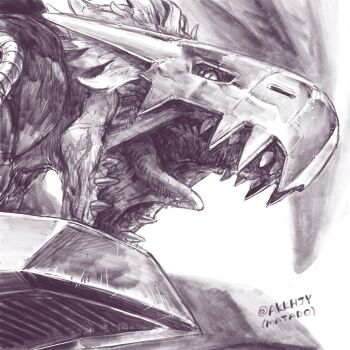 Rule 34 | close-up, cyborg, digimon, digimon (creature), dragon, gigadramon, greyscale, helmet, highres, matado (almukha), mechanical arms, megadramon, monochrome, no humans, open mouth, slit pupils, solo, tongue, tongue out, twitter username