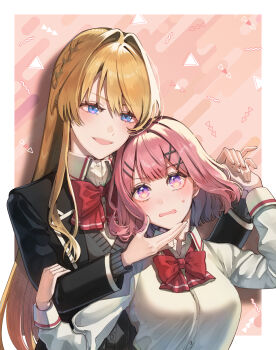Rule 34 | 2girls, amaori renako, ashigaya high school uniform, black jacket, blazer, blonde hair, blue eyes, bow, bowtie, breasts, canno, collared shirt, commentary, grey sweater, hand on another's face, highres, holding hands, jacket, large breasts, long hair, medium hair, multiple girls, open mouth, ouzuka mai, pink background, pink hair, purple eyes, red bow, red bowtie, school uniform, shirt, smile, sweatdrop, sweater, upper body, watashi ga koibito ni nareru wake naijan murimuri!, white shirt, yuri