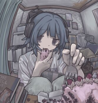 1girl absurdres blue_hair book book_stack cake ceiling chest_of_drawers curtains cushion drawer eating fisheye food food_on_face fork fruit grey_eyes gudon_udon headphones highres holding holding_food holding_fork hood hoodie icing indoors jitome open_drawer original pants shirt sitting solo strawberry unworn_hoodie whipped_cream white_shirt