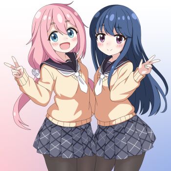 2girls bad_tag black_pantyhose black_sailor_collar blue_eyes blue_hair blush closed_mouth commentary_request cowboy_shot dot_nose double-parted_bangs gradient_background grey_skirt hand_up highres kagamihara_nadeshiko long_hair long_sleeves looking_at_viewer miniskirt motosu_school_uniform multiple_girls neckerchief open_mouth pantyhose pink_hair pleated_skirt purple_eyes sailor_collar sakuzo school_uniform shima_rin skirt smile split_mouth sweater v w white_neckerchief wispy_bangs yellow_sweater yurucamp