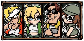 2boys 2girls bandana baseball_cap belt bkub black_eyes blonde_hair blue_eyes blush_stickers brown_hair character_select chibi chibi_only closed_mouth crop_top fio_germi frown gloves green_bandana green_hat green_pants green_shorts green_vest grey_gloves hair_between_eyes hat headband highres kasamoto_eri long_hair looking_at_viewer marco_rossi metal_slug multiple_boys multiple_girls navel outline pants ponytail red_vest shirt short_hair short_shorts shorts sideburns smile sunglasses tank_top tarma_roving vest white_headband white_outline white_shirt white_tank_top yellow_vest