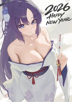 1girl 2026 absurdres bare_shoulders blue_archive blush breasts cleavage flower hair_flower hair_ornament heine_(haloo1101) high_ponytail highres japanese_clothes kimono large_breasts light_smile long_hair ponytail purple_hair solo white_kimono yuuka_(blue_archive)