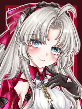 1girl absurdres ahoge aqua_eyes black_gloves bow breasts carlotta_(wuthering_waves) closed_mouth commentary dress earrings gloves hair_bow hand_up highres jacket jewelry looking_at_viewer medium_breasts parted_bangs pink_bow pink_jacket red_background seno_(snllian) smile solo striped_bow upper_body white_dress wuthering_waves