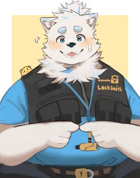 animal_ear_fluff animal_ears apizbau artist_self-insert bandaid bandaid_on_cheek bandaid_on_face black_vest blue_shirt blush border commentary dog_boy dog_ears animal_nose english_commentary furry highres index_fingers_together live_a_hero multicolored_hair open_mouth shirt smile streaked_hair sweatdrop vest white_border white_fur white_hair yellow_background yohack