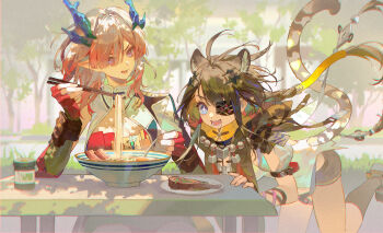 2girls absurdres animal_ears arknights arknights:_endfield black_gloves black_hair black_shorts blue_eyes blue_horns breasts chinese_commentary chopsticks cleavage commentary_request dragon_girl dragon_horns eastern_dragon_horns extra_ears eyepatch fingerless_gloves food gloves hair_over_one_eye highres holding holding_chopsticks horns large_breasts lege_bushi_shiwu long_hair mi_fu_(arknights) multicolored_hair multiple_girls noodles one_eye_covered open_mouth pink_hair pointy_ears ramen red_gloves shorts table tail tangtang_(arknights) tiger_ears tiger_girl tiger_tail