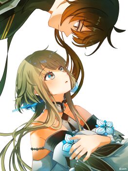 1boy 1girl absurdres artist_name bare_shoulders blue_eyes blue_nails brown_eyes brown_hair detached_collar detached_sleeves genshin_impact guizhong_(genshin_impact) hair_ornament hairpin highres long_hair looking_at_another parted_lips simple_background upper_body white_background white_sleeves zahchii_(airiakasaki) zhongli_(genshin_impact)