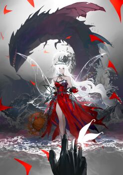 1boy 1girl absurdres alternate_costume arknights black_gloves breasts cleavage commentary commentary_request doctor_(arknights) dress english_commentary furiwo gloves highres medium_breasts mixed-language_commentary ocean partial_commentary pov pov_hands reaching reaching_towards_another red_dress red_eyes skadi's_seaborn_(arknights) skadi_(arknights) skadi_the_corrupting_heart_(arknights) skadi_the_corrupting_heart_(red_countess)_(arknights) waves white_hair