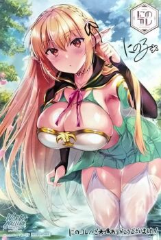 1girl bent_over black_capelet black_choker black_ribbon blonde_hair braid breasts capelet choker cleavage clothing_cutout crossed_bangs crown_braid detached_sleeves elf forest garter_straps green_skirt large_breasts long_hair nature ninoko ninokoya pleated_skirt pointy_ears ribbon signed skirt solo sylpha_(ninoko) thighhighs water wet_thighhighs white_thighhighs