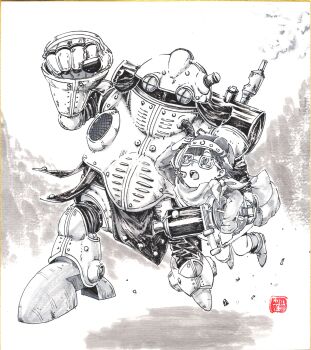 1boy 1girl absurdres bike_shorts chrono_trigger full_body glasses greyscale helmet highres lucca_ashtear monochrome open_mouth robo_(chrono_trigger) robot scarf short_hair skirt weapon yuzuha_(yuzutime)