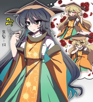 alternate_hair_color annoyed black_eyes black_hair black_hat black_trim blonde_hair commentary_request constellation_print daburuperuu detached_sleeves flower green_skirt hand_on_own_chin hat high-waist_skirt highres holding holding_own_hair imagining long_hair long_skirt long_sleeves matara_okina one_eye_closed orange_eyes orange_tabard rose shirt skirt sparkle sweatdrop tabard touhou white_shirt wide_sleeves