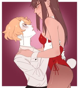 1boy 1girl blonde_hair blush brown_hair claire_(par0llel) collar earrings elliot_(par0llel) genderswap genderswap_(ftm) genderswap_(mtf) hand_on_another&#039;s_shoulder hand_on_another&#039;s_waist height_difference highres jewelry leotard long_sidelocks looking_at_another male_playboy_bunny original pantyhose par0llel rabbit_tail red_leotard short_hair sidelocks standing tail wrist_cuffs