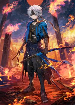 1boy bandaged_foot bandaged_torso bandages black_headband black_nails blue_eyes broken broken_sword broken_weapon burnt_clothes clenched_hands closed_mouth collarbone fate/grand_order fate_(series) fire frown full_body game_cg headband holding holding_sword holding_weapon hood hood_down japanese_clothes lack male_focus official_art outdoors prosthesis prosthetic_arm prosthetic_leg red_pupils short_hair solo standing sword third-party_source toenails toes torn_clothes toudou_heisuke_(fate) variant_set weapon white_hair