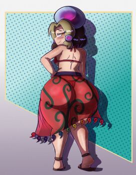 Rule 34 | 1girl, absurdres, ass, back, bikini, blonde hair, blush, elfabienst, from behind, full body, highres, huge ass, looking back, magatama, naughty face, plump, red bikini, red skirt, red thong, sandals, sarong, see-through clothes, see-through skirt, skirt, smile, sweat, swimsuit, tamatsukuri misumaru, thong bikini, touhou, yellow eyes