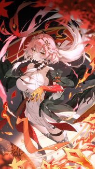 1girl absurdres ahoge bare_shoulders black_collar black_jacket black_thighhighs body_markings braid breasts bright_pupils changli_(wuthering_waves) cleavage closed_mouth collar colored_extremities commentary_request dress feather_hair hair_extensions hair_intakes hair_ornament heiyizhushenxia highres holding jacket large_breasts looking_at_viewer multicolored_hair pink_hair red_hands revision ring_hair_extensions smile solo tacet_mark_(wuthering_waves) thigh_strap thighhighs twin_braids two-tone_hair white_dress white_hair white_pupils wuthering_waves yellow_eyes