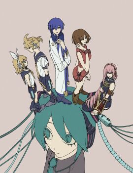 2boys 4girls aqua_eyes aqua_hair aqua_trim arm_cuffs bare_shoulders belt black_shirt black_shorts black_skirt black_sleeves black_socks blonde_hair blue_coat blue_eyes blue_hair blue_scarf bob_cut boots brown_background brown_boots brown_eyes brown_hair brown_sleeves cable cable_hair closed_mouth coat collared_shirt colored_eyelashes crop_top cuffs depss772 detached_sleeves expressionless frilled_shirt_collar frills from_above full_body grey_shirt hair_between_eyes hair_ornament hair_ribbon hairpin hand_on_own_elbow hatsune_miku headphones headset highres kagamine_len kagamine_rin kaito_(vocaloid) kaito_(vocaloid3) kneehighs long_coat long_hair long_skirt long_sleeves looking_ahead looking_down looking_to_the_side loose_socks medium_hair megurine_luka meiko_(vocaloid) meiko_(vocaloid3) mini_person miniboy minigirl multicolored_coat multiple_boys multiple_girls navel neckerchief necktie parted_lips pink_hair ponytail puffy_short_sleeves puffy_sleeves red_shirt red_skirt red_wrist_cuffs ribbon sailor_collar scarf seiza shirt short_hair short_ponytail short_shorts short_sleeves shorts sidelocks sitting skirt sleeve_cuffs sleeveless sleeveless_shirt socks standing twintails two-tone_coat two-tone_sleeves upper_body very_long_hair vocaloid white_coat white_ribbon white_shirt wrist_cuffs yellow_belt yellow_neckerchief yellow_necktie yellow_sleeves yellow_trim