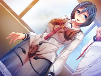 1boy 1girl :d arm_at_side blue_eyes blue_hair blue_skirt blush breasts bug clenched_hand collarbone collared_shirt cowboy_shot day dutch_angle game_cg hair_between_eyes hetero indoors large_breasts large_variant_set living_clothes long_sleeves looking_at_viewer mizushima_aoi nana_g necktie non-web_source nose_blush official_art open_mouth out_of_frame red_necktie sailor_collar sailor_element school_uniform see-through_clothes serafuku shirt short_hair skirt sleeve_cuffs smile solo_focus standing transparent variant_set white_shirt window x-ray