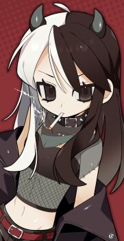 1girl absurdres ahoge animal_collar arms_at_sides belt black_bra black_eyes black_hair black_jacket black_pants borrowed_character bra breasts cigarette cleavage closed_mouth collar colored_skin commission deformed double-parted_bangs expressionless fishnet_top fishnets freckles green_horns green_shirt green_skin groin_tendon halftone halftone_background highres horns jacket jacket_partially_removed kansou_(kanso_1) long_hair looking_at_viewer midriff multicolored_hair multicolored_skin navel off_shoulder open_clothes open_jacket original outline pants red_background red_belt second-party_source see-through_clothes see-through_shirt shirt sidelocks small_breasts small_horns smoking solo spiked_collar spikes split-color_hair stitched_arm stitches strapless strapless_bra strapless_shirt tsurime two-tone_skin underwear upper_body white_hair