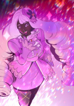 commentary dark-skinned_female dark_skin dress english_commentary fishnets glitter gloves highres jacinthe_(pokemon) nintendo pigdemonart pokemon pokemon_(creature) pokemon_legends:_z-a purple_dress purple_eyes purple_hair purple_theme sparkle_background twintails white_gloves