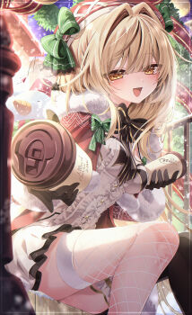 1girl absurdres asymmetrical_legwear black_bow black_gloves black_thighhighs blonde_hair bow breasts cape christmas commentary_request cup disposable_coffee_cup disposable_cup dress feet_out_of_frame fishnet_thighhighs fishnets frilled_dress frilled_skirt frills fur-trimmed_cape fur_trim gloves green_bow hair_intakes hat highres holding holding_cup incoming_gift long_hair looking_at_viewer matagi_14 medium_breasts mismatched_legwear open_mouth original outdoors red_cape red_hat single_fishnet_legwear single_thighhigh sitting skirt smile snowman solo star-shaped_pupils star_(symbol) symbol-shaped_pupils thighhighs thighs very_long_hair white_dress white_thighhighs yellow_eyes