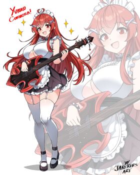 1girl :d absurdres antenna_hair apron artist_name black_choker black_dress black_shoes blush bracelet breasts choker clothing_cutout dress electric_guitar eyebrows_hidden_by_hair fingernails full_body guitar hair_ornament hairclip highres holding holding_guitar holding_instrument indie_virtual_youtuber instrument jarckius jewelry large_breasts long_fingernails long_hair looking_at_viewer maid maid_apron maid_headdress open_mouth pink_nails red_eyes red_hair shoes short_dress short_sleeves smile solo sparkle spiked_bracelet spikes standing thighhighs underboob underboob_cutout very_long_hair virtual_youtuber white_dress white_thighhighs yuriko_corvera zoom_layer