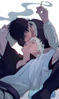 2boys absurdres arm_up black_hair black_pants black_shirt cigarette closed_eyes gintama grin hadanugi_dousa hand_on_another&#039;s_arm highres hijikata_toushirou holding holding_cigarette japanese_clothes kimono kiss lying male_focus multiple_boys on_back open_collar open_kimono pants popped_collar sakata_gintoki shirt shoes short_sleeves sitting smile smoke smoke_trail usson0002 white_background white_hair white_kimono yaoi