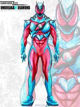 1boy armor blue_armor blue_helmet bodysuit crazy_diamond diamond_wa_kudakenai full_body fusion helmet highres jojo_no_kimyou_na_bouken kamen_rider kamen_rider_zeztz kamen_rider_zeztz_(series) male_focus pink_bodysuit standing tokusatsu zagizagi zeztz_driver zoom_layer