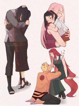 2boys 4girls absurdres arm_around_back barefoot black_hair black_pants black_sandals black_shoes black_skirt blonde_hair boruto:_naruto_next_generations breasts child closed_eyes cropped_torso dress facial_mark full_body green_dress grey_shirt grey_vest hair_ornament hairclip hanarteoficial hand_in_another&#039;s_hair hand_on_another&#039;s_head haruno_sakura highres hug jacket kneeling long_dress long_hair looking_at_another medium_breasts mother_and_daughter mother_and_son multiple_boys multiple_girls naruto_(series) naruto_shippuuden open-toe_shoes orange_jacket pants pink_hair red_dress red_hair red_shoes sandals shirt shirt_under_dress shoes short_hair sitting skirt standing swept_bangs twitter_username uchiha_mikoto uchiha_sarada uchiha_sasuke upper_body uzumaki_kushina uzumaki_naruto vest whisker_markings white_shirt